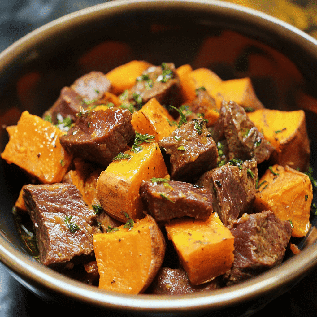 Slow cooker beef stew with pumpkin chunks, garnished with fresh herbs, served in a black bowl. Perfect comfort food for cozy dinners or meal prep. Delicious and hearty homemade beef stew recipe.
