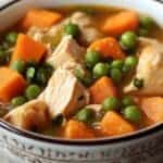 Tender chicken vegetable soup with carrots, peas, and herbs served in a white bowl for a wholesome pet meal.