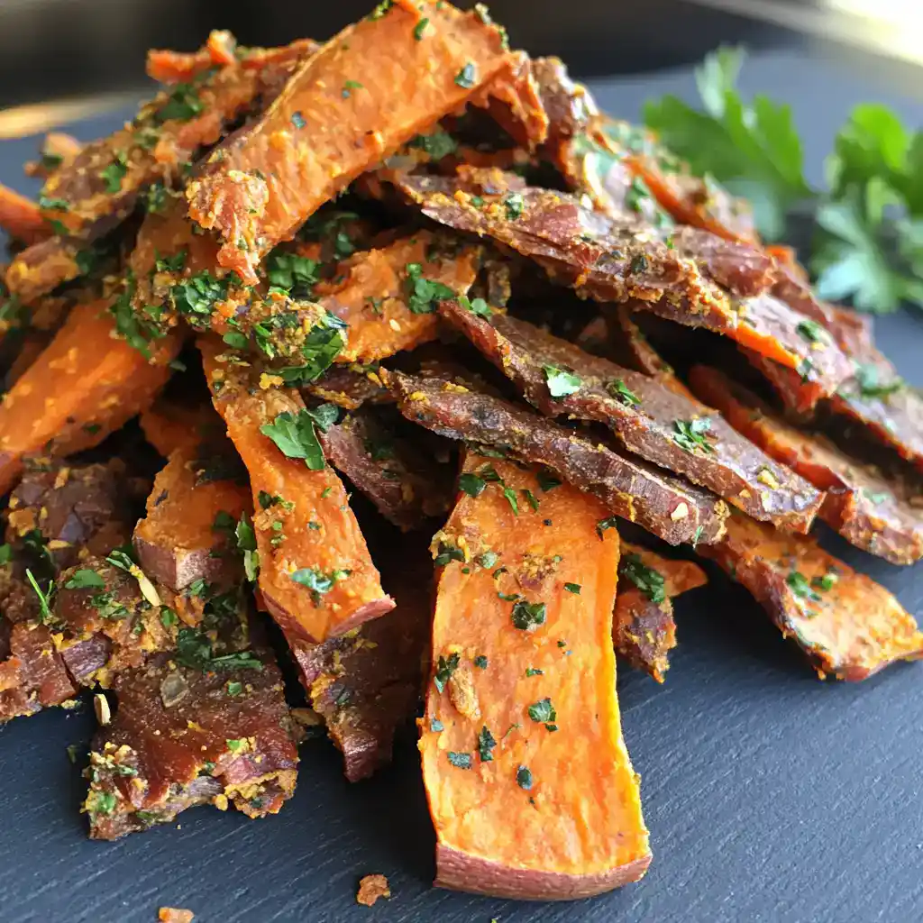 Tender and flavorful roasted sweet potato and beef jerky seasoned with herbs and spices, perfect as a healthy dog treat or snack for your furry friend on Waggy Chef.