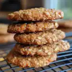 Chewy oatmeal cookies stacked on a cooling rack, showcasing their golden-brown, oat-filled texture and homemade appeal. Perfect for healthy snacking or a sweet treat.