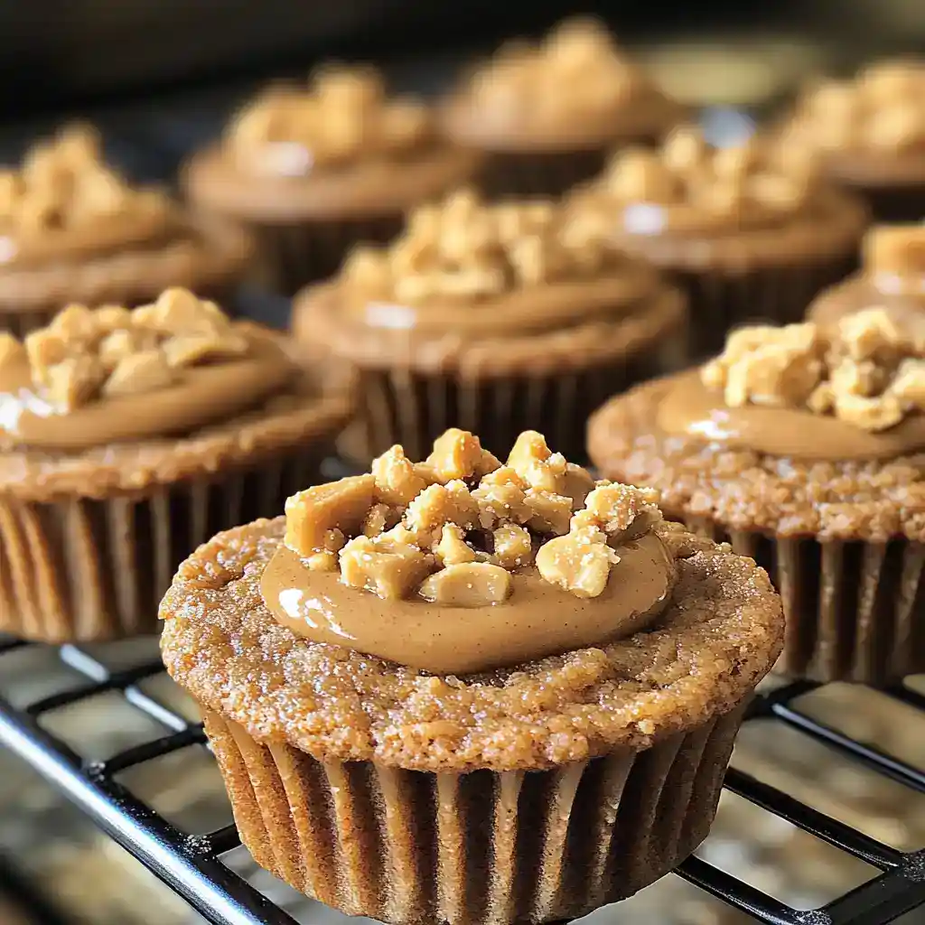 Creamy peanut butter and chopped peanuts on top of a freshly baked, crumbly cookie cupcake. Perfect for dog treats or human desserts, featuring a rich, nutty flavor.