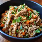 Savory chicken and vegetable fried rice dish topped with fresh herbs in a black bowl, perfect for cozy dinners and meal prep.