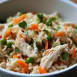 Juicy chicken and vegetable stir-fry with rice, seasoned with fresh herbs and served in a bowl for a healthy, delicious meal. Perfect for pet-friendly, nutritious dog food recipes from Waggy Chef.