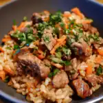 Beef stir-fry with vegetables served over rice, garnished with fresh herbs, in a black bowl, highlighting healthy, homemade, and flavorful dog-friendly meal options.