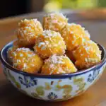 Creamy Lemon Coconut Energy Bites with shredded coconut topping in a decorative bowl, healthy snack made with natural ingredients, suitable for quick energy boosts and wholesome treats.