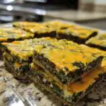 Delicious homemade spinach and cheese layered bars with melted cheese on top, perfect for healthy snacking or entertaining guests. Fresh ingredients and flavorful seasoning.