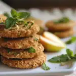 Crispy vegan chickpea and oat patties garnished with fresh mint, served with lemon wedges on a white plate, showcasing healthy plant-based protein snacks.