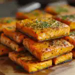 Freshly cooked salmon fillets with herbs and seasoning on a wooden cutting board, perfect for a healthy seafood meal.