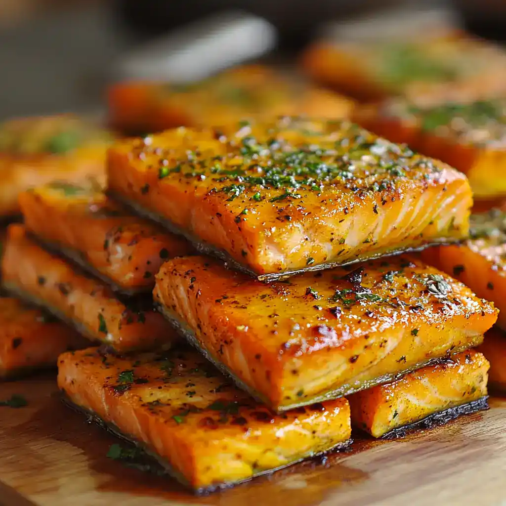 Freshly cooked salmon fillets with herbs and seasoning on a wooden cutting board, perfect for a healthy seafood meal.