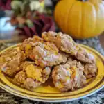 Golden pumpkin spice oatmeal cookies with powdered sugar on a decorative yellow plate, perfect for fall treats and dessert recipes.