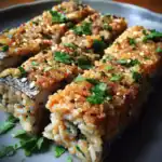 Delicious baked sushi rolls topped with crunchy garlic, sesame seeds, and fresh chopped herbs, served on a gray plate for a flavorful Japanese-inspired dish.