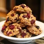 Oatmeal cranberry cookies stacked on a white plate, showing a close-up of chewy, homemade, healthy treats with dried cranberries and oats.