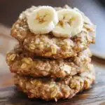 Banana oat cookies stacked with banana slices on top, healthy snack, homemade oat cookies, nutritious treat, gluten-free baking, vegan dessert, oat and banana recipe, wholesome snack, delicious and easy to make.