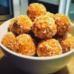 Golden coconut-covered energy balls, healthy snack options for dogs and humans, made with natural ingredients for nutritious treats.