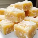 Creamy coconut fudge bites with shredded coconut topping for delicious, sweet treats. Perfect for gifting or enjoying as a tropical-inspired dessert. Easy to make and melt-in-your-mouth goodness.