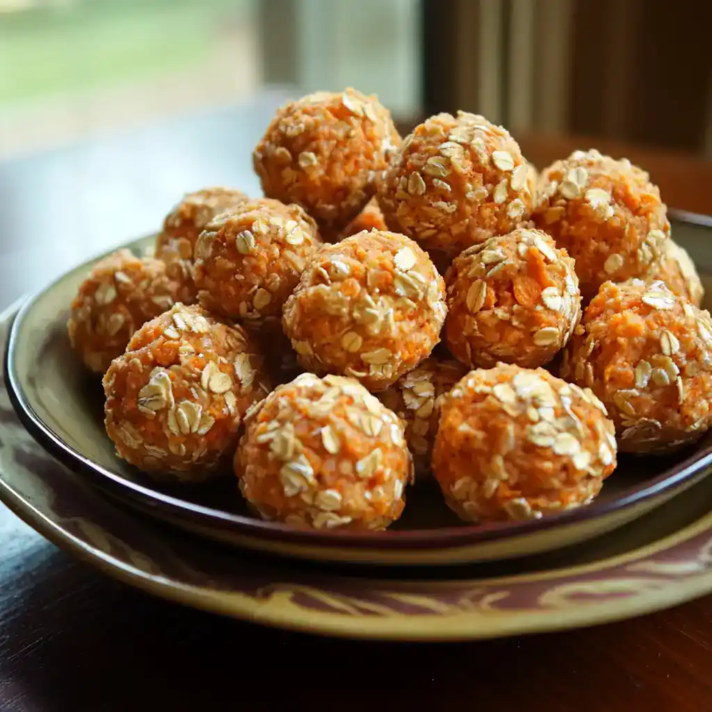 Oat Carrot Energy Bites made with oats, carrots, and healthy ingredients, perfect for a nutritious snack or energy boost, served on a decorative plate.