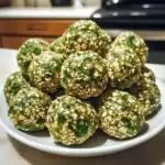 Vegan energy bites coated with oats and chopped nuts, perfect healthy snack, displayed on a white plate.