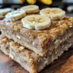 Banana oatmeal bars with sliced bananas on top, healthy homemade snack packed with oats and bananas, easy recipe for energy bites and nutritious treats, from Waggy Chef on waggychef.com.