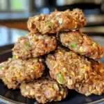 Chewy homemade oatmeal pumpkin energy bites stacked on a black plate, featuring oats, pumpkin puree, and chopped green nuts, perfect for healthy snacks and nutritious treats.