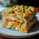 Creamy vegetable casserole with peas, carrots, oats, and cheese on a ceramic plate. A hearty, nutritious dish perfect for family meals and vegetarian diets, showcasing fresh ingredients and comfort food appeal.