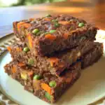 Delicious homemade meatloaf with vegetables, juicy and tender, served on a decorative plate. Perfect for family dinners and hearty meals. Freshly prepared with quality ingredients.