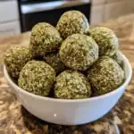 Crispy green vegetable energy bites coated with hemp seeds in a white bowl on a granite countertop.