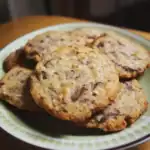 Soft, freshly baked chocolate chip cookies on a decorative plate, perfect for snacking or dessert. Great for sharing with family and friends, featuring a chewy texture and rich chocolate flavor.