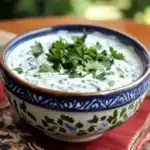 Creamy tzatziki sauce with fresh parsley garnish in decorative ceramic bowl, perfect for Mediterranean cuisine and homemade dips.