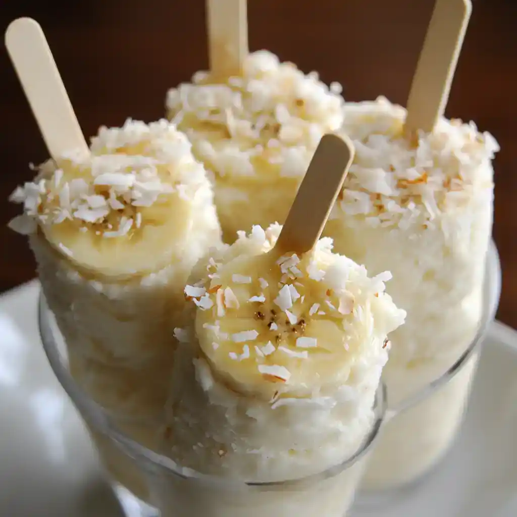 Creamy banana ice cream with coconut flakes garnished with wooden popsicle sticks, served in a glass bowl. Perfect for summer treats and homemade dessert recipes.