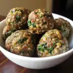Savory dog meatballs with herbs and seasonings in a white bowl, perfect for pet treats and homemade dog food recipes. Healthy, protein-rich dog treats for your furry friend.