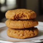 Creamy peanut butter cookies stacked on a white plate, showcasing a golden-brown exterior and soft texture, perfect for homemade dog treats.