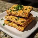 Golden baked casserole bars with melted cheese and fresh herbs on top, served on a white plate. Perfect for pet-friendly snacks made with wholesome ingredients.