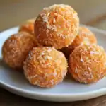 Creamy carrot and coconut energy bites on white plate with shredded coconut coating.