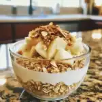 Creamy yogurt parfait with granola, fresh pear chunks, and crunchy oat topping in a glass bowl. Perfect healthy snack or dessert option from Waggy Chef.