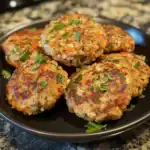 Golden baked homemade chicken meatballs garnished with fresh parsley on a black plate, served as a delicious, healthy protein-rich meal option.