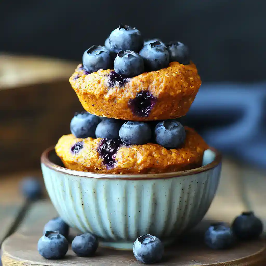 Fresh blueberry muffins topped with ripe blueberries in a ceramic bowl, showcasing a delicious homemade dessert perfect for breakfast or snack.