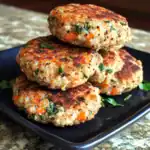 Quinoa vegetable patties on a black plate with fresh herbs, cooked to golden brown, perfect for healthy vegan snacks or meals.