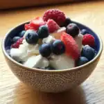 Fresh mixed berries in a bowl with whipped cream, featuring strawberries, blueberries, and raspberries, perfect for healthy desserts or snack options.