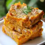 Golden baked sweet potato casserole with herbs and black pepper, garnished with a fresh parsley leaf. Perfect for healthy, flavorful main dishes or side dishes at dinner.