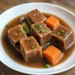 Tender beef and carrot chunks in savory braised sauce garnished with fresh herbs, served in a white bowl for a flavorful and hearty meal.