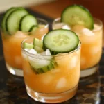 Fresh cucumber and peach cocktail served over ice in a glass, garnished with cucumber slices, perfect for summer refreshment.