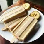 Creamy banana flavored popsicles on a white plate with banana slices, perfect for refreshment and healthy snack options.