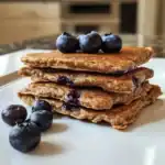 Fluffy blueberry pancakes stacked with fresh blueberries on top, served on a white plate for a delicious breakfast or brunch.