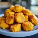 Golden crispy corn nuggets on white plate, delicious snack or side dish, close-up shot.