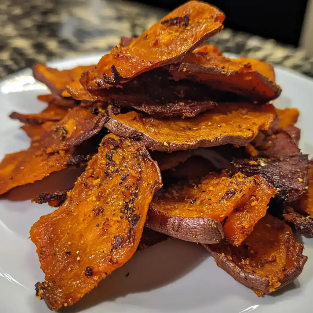 Crispy roasted sweet potato chips with spices, healthy snack.