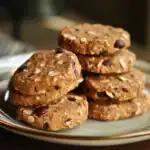 Crunchy oatmeal chocolate chip cookies with oats and dark chocolate chunks on a silver plate, perfect for pet treats or human consumption, showcasing healthy homemade baking.