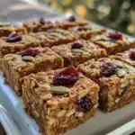 Homemade granola bars with dried cranberries and pumpkin seeds, healthy snack bars, close-up shot of nutritious homemade energy bites, natural light, outdoor setting.