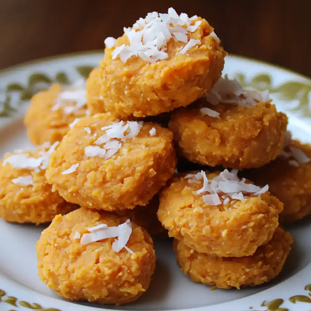 Crispy fried sweet potato balls with shredded coconut on top, served on a decorative plate for a delicious vegan snack or appetizer.