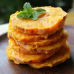 Golden baked sweet potato slices garnished with fresh mint leaves for a healthy vegetable snack or side dish. Perfectly cooked, tender, and flavorful, ideal for nutritious meal preparations.