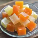 Vegan fruit and vegetable jelly cubes in natural orange, yellow, and white colors served in a glass bowl on rustic wooden background.